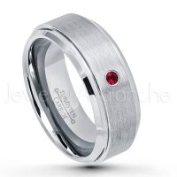 0.07ctw Ruby Tungsten Ring - July Birthstone Ring - 8mm Tungsten Wedding Band - Brushed Finish Comfort Fit Tungsten Carbide Ring - Stepped Edge Tungsten Anniversary Ring TN162-RB