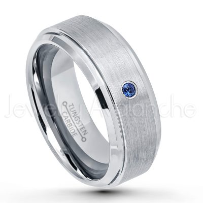 0.21ctw Blue Sapphire 3-Stone Tungsten Ring - September Birthstone Ring - 8mm Tungsten Wedding Band - Brushed Finish Comfort Fit Tungsten Carbide Ring - Stepped Edge Tungsten Anniversary Ring TN162-SP