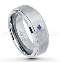 0.07ctw Blue Sapphire Tungsten Ring - September Birthstone Ring - 8mm Tungsten Wedding Band - Brushed Finish Comfort Fit Tungsten Carbide Ring - Stepped Edge Tungsten Anniversary Ring TN162-SP