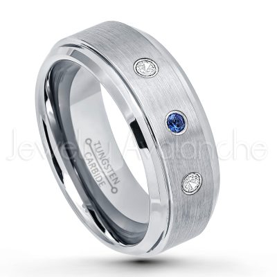 0.21ctw Blue Sapphire 3-Stone Tungsten Ring - September Birthstone Ring - 8mm Tungsten Wedding Band - Brushed Finish Comfort Fit Tungsten Carbide Ring - Stepped Edge Tungsten Anniversary Ring TN162-SP