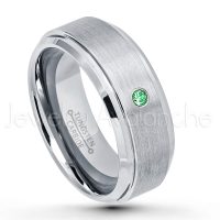 0.07ctw Tsavorite Tungsten Ring - January Birthstone Ring - 8mm Tungsten Wedding Band - Brushed Finish Comfort Fit Tungsten Carbide Ring - Stepped Edge Tungsten Anniversary Ring TN162-TVR