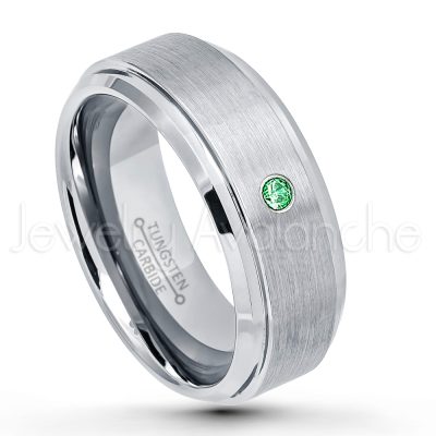 0.21ctw Tsavorite 3-Stone Tungsten Ring - January Birthstone Ring - 8mm Tungsten Wedding Band - Brushed Finish Comfort Fit Tungsten Carbide Ring - Stepped Edge Tungsten Anniversary Ring TN162-TVR