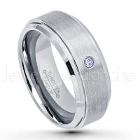 0.07ctw Tanzanite Tungsten Ring - December Birthstone Ring - 8mm Tungsten Wedding Band - Brushed Finish Comfort Fit Tungsten Carbide Ring - Stepped Edge Tungsten Anniversary Ring TN162-TZN