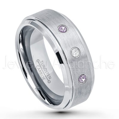 0.21ctw Amethyst 3-Stone Tungsten Ring - February Birthstone Ring - 8mm Tungsten Wedding Band - Brushed Finish Comfort Fit Tungsten Carbide Ring - Stepped Edge Tungsten Anniversary Ring TN162-AMT