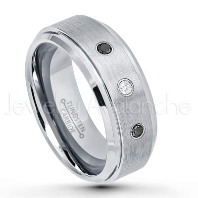 0.07ctw Diamond Tungsten Ring - April Birthstone Ring - 8mm Tungsten Wedding Band - Brushed Finish Comfort Fit Tungsten Carbide Ring - Stepped Edge Tungsten Anniversary Ring TN162-WD