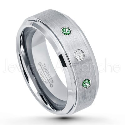 0.07ctw Emerald Tungsten Ring - May Birthstone Ring - 8mm Tungsten Wedding Band - Brushed Finish Comfort Fit Tungsten Carbide Ring - Stepped Edge Tungsten Anniversary Ring TN162-ED