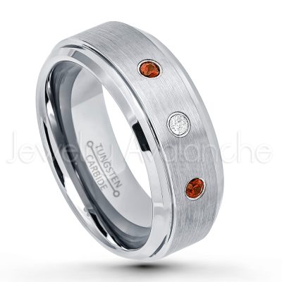 0.21ctw Garnet & Diamond 3-Stone Tungsten Ring - January Birthstone Ring - 8mm Tungsten Wedding Band - Brushed Finish Comfort Fit Tungsten Carbide Ring - Stepped Edge Tungsten Anniversary Ring TN162-GR