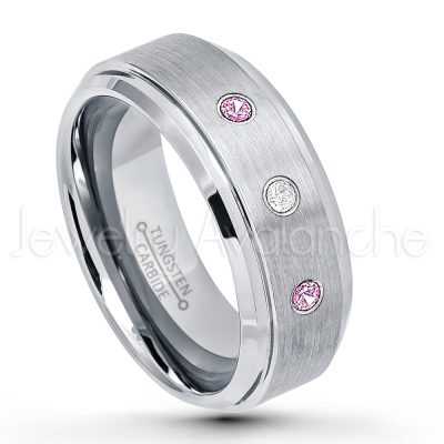 0.21ctw Pink Tourmaline & Diamond 3-Stone Tungsten Ring - October Birthstone Ring - 8mm Tungsten Wedding Band - Brushed Finish Comfort Fit Tungsten Carbide Ring - Stepped Edge Tungsten Anniversary Ring TN162-PTM