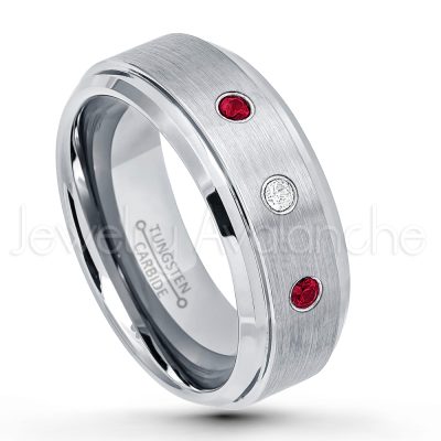 0.07ctw Ruby Tungsten Ring - July Birthstone Ring - 8mm Tungsten Wedding Band - Brushed Finish Comfort Fit Tungsten Carbide Ring - Stepped Edge Tungsten Anniversary Ring TN162-RB