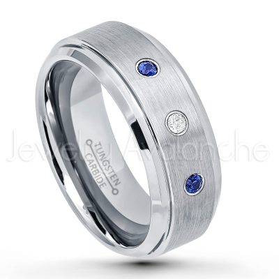 0.21ctw Blue Sapphire 3-Stone Tungsten Ring - September Birthstone Ring - 8mm Tungsten Wedding Band - Brushed Finish Comfort Fit Tungsten Carbide Ring - Stepped Edge Tungsten Anniversary Ring TN162-SP
