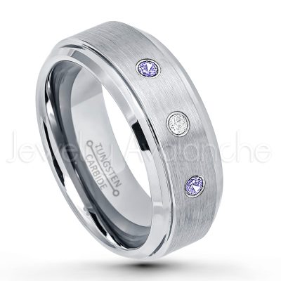 0.21ctw Tanzanite 3-Stone Tungsten Ring - December Birthstone Ring - 8mm Tungsten Wedding Band - Brushed Finish Comfort Fit Tungsten Carbide Ring - Stepped Edge Tungsten Anniversary Ring TN162-TZN
