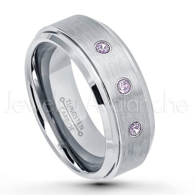 0.21ctw Amethyst & Diamond 3-Stone Tungsten Ring - February Birthstone Ring - 8mm Tungsten Wedding Band - Brushed Finish Comfort Fit Tungsten Carbide Ring - Stepped Edge Tungsten Anniversary Ring TN162-AMT
