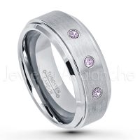 0.21ctw Amethyst 3-Stone Tungsten Ring - February Birthstone Ring - 8mm Tungsten Wedding Band - Brushed Finish Comfort Fit Tungsten Carbide Ring - Stepped Edge Tungsten Anniversary Ring TN162-AMT