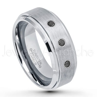 0.21ctw Black & White Diamond 3-Stone Tungsten Ring - April Birthstone Ring - 8mm Tungsten Wedding Band - Brushed Finish Comfort Fit Tungsten Carbide Ring - Stepped Edge Tungsten Anniversary Ring TN162-BD