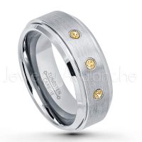 0.21ctw Citrine 3-Stone Tungsten Ring - November Birthstone Ring - 8mm Tungsten Wedding Band - Brushed Finish Comfort Fit Tungsten Carbide Ring - Stepped Edge Tungsten Anniversary Ring TN162-CN