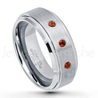 0.21ctw Garnet 3-Stone Tungsten Ring - January Birthstone Ring - 8mm Tungsten Wedding Band - Brushed Finish Comfort Fit Tungsten Carbide Ring - Stepped Edge Tungsten Anniversary Ring TN162-GR