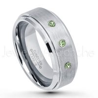 0.21ctw Green Tourmaline 3-Stone Tungsten Ring - October Birthstone Ring - 8mm Tungsten Wedding Band - Brushed Finish Comfort Fit Tungsten Carbide Ring - Stepped Edge Tungsten Anniversary Ring TN162-GTM