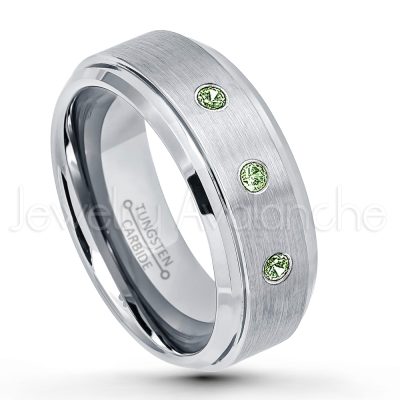 0.21ctw Green Tourmaline & Diamond 3-Stone Tungsten Ring - October Birthstone Ring - 8mm Tungsten Wedding Band - Brushed Finish Comfort Fit Tungsten Carbide Ring - Stepped Edge Tungsten Anniversary Ring TN162-GTM