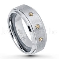 0.21ctw Smokey Quartz 3-Stone Tungsten Ring - November Birthstone Ring - 8mm Tungsten Wedding Band - Brushed Finish Comfort Fit Tungsten Carbide Ring - Stepped Edge Tungsten Anniversary Ring TN162-SMQ