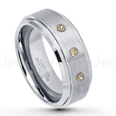 0.21ctw Smokey Quartz & Diamond 3-Stone Tungsten Ring - November Birthstone Ring - 8mm Tungsten Wedding Band - Brushed Finish Comfort Fit Tungsten Carbide Ring - Stepped Edge Tungsten Anniversary Ring TN162-SMQ