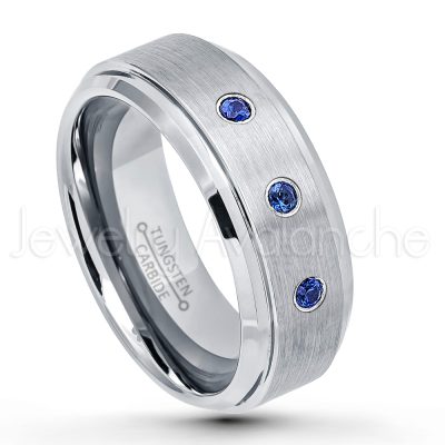 0.21ctw Blue Sapphire 3-Stone Tungsten Ring - September Birthstone Ring - 8mm Tungsten Wedding Band - Brushed Finish Comfort Fit Tungsten Carbide Ring - Stepped Edge Tungsten Anniversary Ring TN162-SP