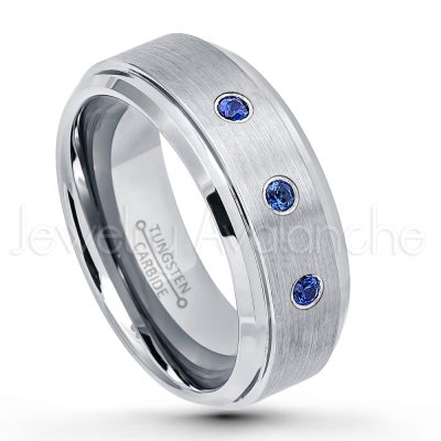 0.21ctw Blue Sapphire & Diamond 3-Stone Tungsten Ring - September Birthstone Ring - 8mm Tungsten Wedding Band - Brushed Finish Comfort Fit Tungsten Carbide Ring - Stepped Edge Tungsten Anniversary Ring TN162-SP