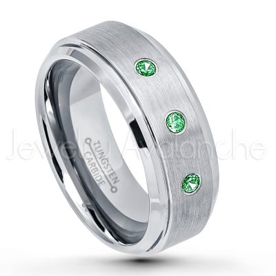 0.21ctw Tsavorite & Diamond 3-Stone Tungsten Ring - January Birthstone Ring - 8mm Tungsten Wedding Band - Brushed Finish Comfort Fit Tungsten Carbide Ring - Stepped Edge Tungsten Anniversary Ring TN162-TVR