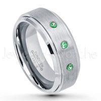 0.21ctw Tsavorite 3-Stone Tungsten Ring - January Birthstone Ring - 8mm Tungsten Wedding Band - Brushed Finish Comfort Fit Tungsten Carbide Ring - Stepped Edge Tungsten Anniversary Ring TN162-TVR