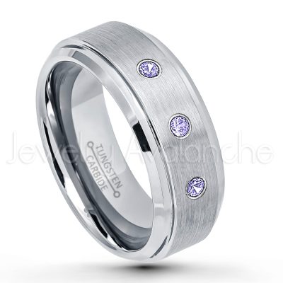 0.21ctw Tanzanite & Diamond 3-Stone Tungsten Ring - December Birthstone Ring - 8mm Tungsten Wedding Band - Brushed Finish Comfort Fit Tungsten Carbide Ring - Stepped Edge Tungsten Anniversary Ring TN162-TZN