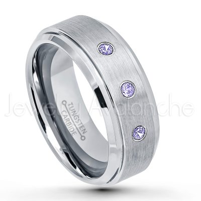 0.07ctw Tanzanite Tungsten Ring - December Birthstone Ring - 8mm Tungsten Wedding Band - Brushed Finish Comfort Fit Tungsten Carbide Ring - Stepped Edge Tungsten Anniversary Ring TN162-TZN