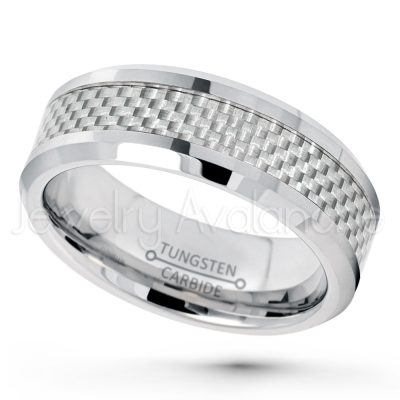 8mm Tungsten Wedding Band - Polished Comfort Fit Beveled Edge Tungsten Carbide Ring w/ Gray Carbon Fiber Inlay - Men's Tungsten Ring TN164PL