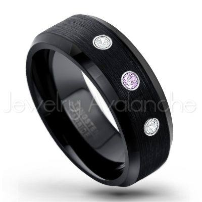 0.21ctw Amethyst & Diamond 3-Stone Tungsten Ring - February Birthstone Ring - 8mm Tungsten Wedding Band - Brushed Finish Black Ion Plated Beveled Edge Comfort Fit Tungsten Carbide Ring TN166-AMT