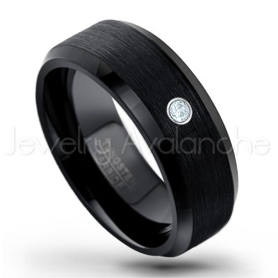 0.21ctw Aquamarine 3-Stone Tungsten Ring - March Birthstone Ring - 8mm Tungsten Wedding Band - Brushed Finish Black Ion Plated Beveled Edge Comfort Fit Tungsten Carbide Ring TN166-AQM
