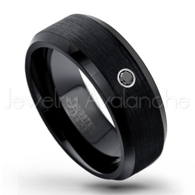 0.21ctw Black & White Diamond 3-Stone Tungsten Ring - April Birthstone Ring - 8mm Tungsten Wedding Band - Brushed Finish Black Ion Plated Beveled Edge Comfort Fit Tungsten Carbide Ring TN166-BD