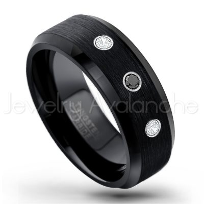 0.21ctw Diamond 3-Stone Tungsten Ring - April Birthstone Ring - 8mm Tungsten Wedding Band - Brushed Finish Black Ion Plated Beveled Edge Comfort Fit Tungsten Carbide Ring TN166-WD