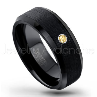 0.21ctw Citrine 3-Stone Tungsten Ring - November Birthstone Ring - 8mm Tungsten Wedding Band - Brushed Finish Black Ion Plated Beveled Edge Comfort Fit Tungsten Carbide Ring TN166-CN