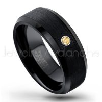 0.07ctw Citrine Tungsten Ring - November Birthstone Ring - 8mm Tungsten Wedding Band - Brushed Finish Black Ion Plated Beveled Edge Comfort Fit Tungsten Carbide Ring TN166-CN