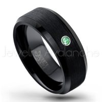 0.07ctw Emerald Tungsten Ring - May Birthstone Ring - 8mm Tungsten Wedding Band - Brushed Finish Black Ion Plated Beveled Edge Comfort Fit Tungsten Carbide Ring TN166-ED