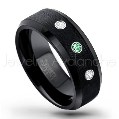0.21ctw Emerald & Diamond 3-Stone Tungsten Ring - May Birthstone Ring - 8mm Tungsten Wedding Band - Brushed Finish Black Ion Plated Beveled Edge Comfort Fit Tungsten Carbide Ring TN166-ED