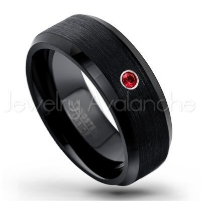 0.21ctw Garnet & Diamond 3-Stone Tungsten Ring - January Birthstone Ring - 8mm Tungsten Wedding Band - Brushed Finish Black Ion Plated Beveled Edge Comfort Fit Tungsten Carbide Ring TN166-GR