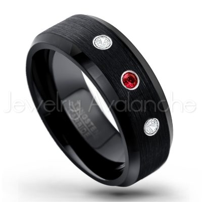0.21ctw Garnet 3-Stone Tungsten Ring - January Birthstone Ring - 8mm Tungsten Wedding Band - Brushed Finish Black Ion Plated Beveled Edge Comfort Fit Tungsten Carbide Ring TN166-GR