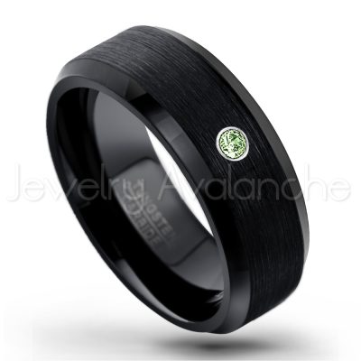 0.21ctw Green Tourmaline 3-Stone Tungsten Ring - October Birthstone Ring - 8mm Tungsten Wedding Band - Brushed Finish Black Ion Plated Beveled Edge Comfort Fit Tungsten Carbide Ring TN166-GTM