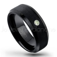 0.07ctw Peridot Tungsten Ring - August Birthstone Ring - 8mm Tungsten Wedding Band - Brushed Finish Black Ion Plated Beveled Edge Comfort Fit Tungsten Carbide Ring TN166-PD