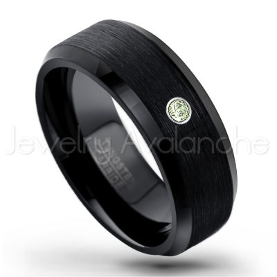 0.21ctw Peridot & Diamond 3-Stone Tungsten Ring - August Birthstone Ring - 8mm Tungsten Wedding Band - Brushed Finish Black Ion Plated Beveled Edge Comfort Fit Tungsten Carbide Ring TN166-PD