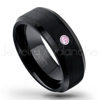 0.21ctw Pink Tourmaline 3-Stone Tungsten Ring - October Birthstone Ring - 8mm Tungsten Wedding Band - Brushed Finish Black Ion Plated Beveled Edge Comfort Fit Tungsten Carbide Ring TN166-PTM