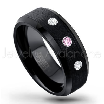 0.21ctw Pink Tourmaline & Diamond 3-Stone Tungsten Ring - October Birthstone Ring - 8mm Tungsten Wedding Band - Brushed Finish Black Ion Plated Beveled Edge Comfort Fit Tungsten Carbide Ring TN166-PTM