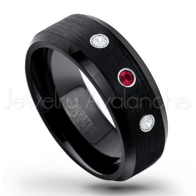 0.07ctw Ruby Tungsten Ring - July Birthstone Ring - 8mm Tungsten Wedding Band - Brushed Finish Black Ion Plated Beveled Edge Comfort Fit Tungsten Carbide Ring TN166-RB