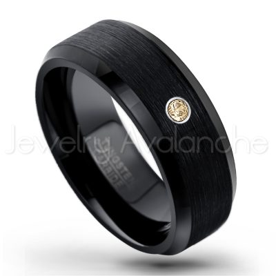 0.21ctw Smokey Quartz 3-Stone Tungsten Ring - November Birthstone Ring - 8mm Tungsten Wedding Band - Brushed Finish Black Ion Plated Beveled Edge Comfort Fit Tungsten Carbide Ring TN166-SMQ