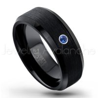 0.07ctw Blue Sapphire Tungsten Ring - September Birthstone Ring - 8mm Tungsten Wedding Band - Brushed Finish Black Ion Plated Beveled Edge Comfort Fit Tungsten Carbide Ring TN166-SP