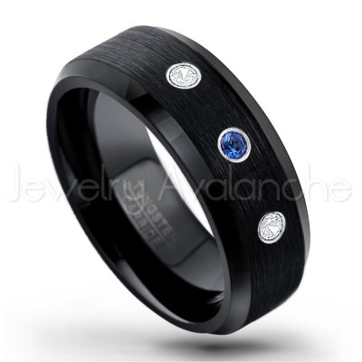 0.21ctw Blue Sapphire 3-Stone Tungsten Ring - September Birthstone Ring - 8mm Tungsten Wedding Band - Brushed Finish Black Ion Plated Beveled Edge Comfort Fit Tungsten Carbide Ring TN166-SP